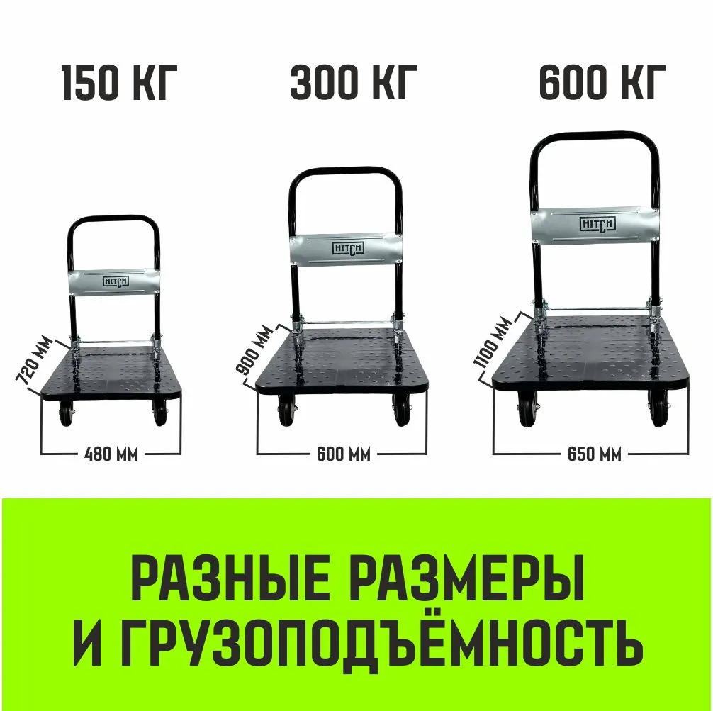 Ручная тележка платформенная металлическая HITCH 150кг 720*480 колеса резиновые 100мм SZ086115